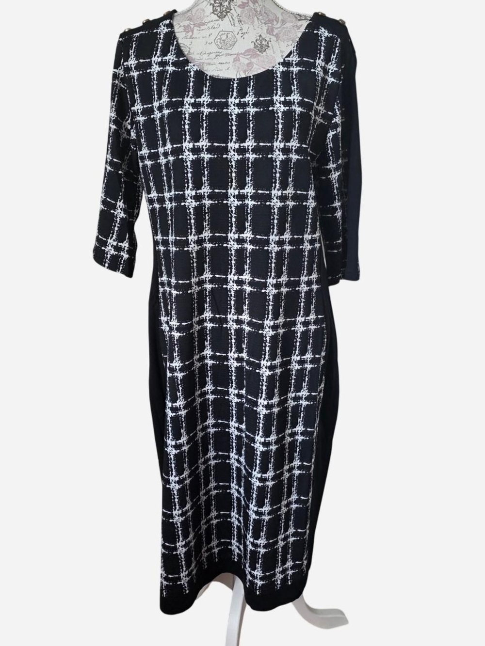 Black and White Windowpane Midi Dress - Elegant Shift Style